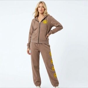 Aviator Nation Smiley Face Hoodie + Sweatpants Set - Taupe Brown Custom Tie-Dye